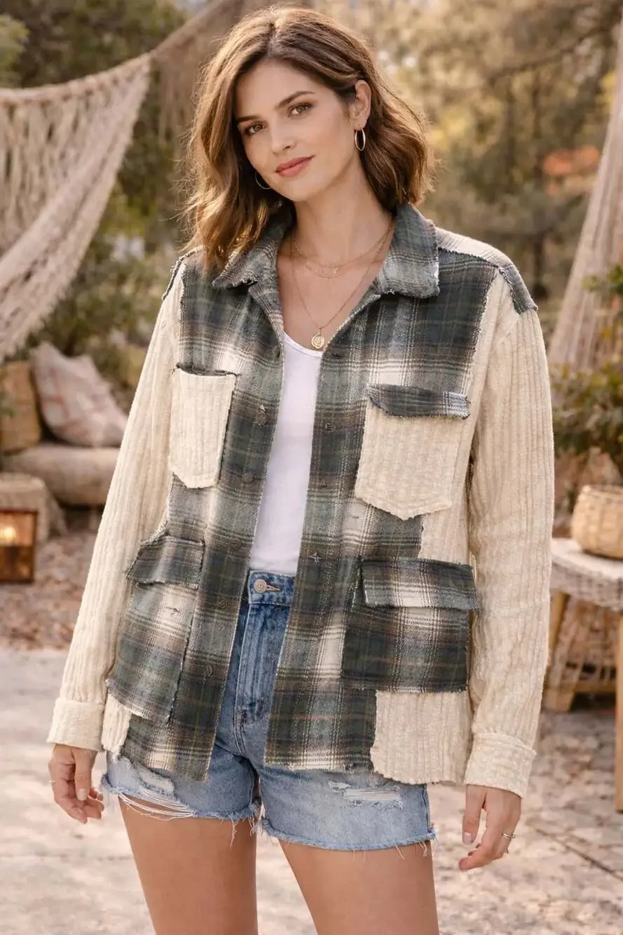 POL Plaid Patchwork Corduroy Accent Shacket Jacket